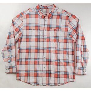 Field & Stream Shirt Mens Large Orange Blue White Plaid Vented Fishing Stretch